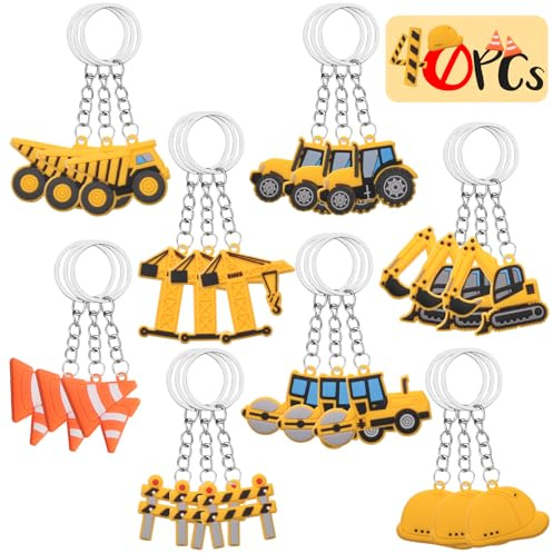 40 Stück Baustelle Keychain Bagger Spielzeug Schlüsselanhänger bagger schlüsselanhänger kinder Set Silikon Schlüsselring Construction Party Gastgeschenke Set für kinder Party Mitgebsel für Jungen Mädc