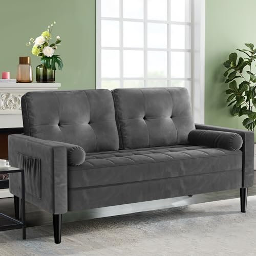 Aotumm Ciort Sofa 2-Sitzer, Loveseat Sofa Couch mit 2 Kissen, bequemes Sitzkissen, Mid Century Moderne Couch, kleine Sofas für Wohnzimmer/Wohnung/Schlafzimmer, einfache Montage, Samtsofa, Dunkelgrau