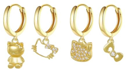 Hanaoops 4 Stück Hängend Ohrringe für Damen Mädchen Gold Zirkonia Niedliche Katzen Anhänger Ohrringe Kawaii Bogen Kätzchen Anhänger Creolen Ohrringer Hypoallergen Ohrhänger Set