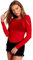 STAR FASHION Sheer Mesh Top Long Sleeve See Through T Shirt Tops for Womens Ladies Stretchy Round Neck Tee T-Shirts Red-ML
