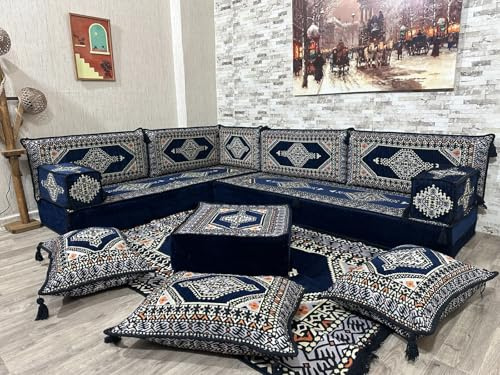 CaddeBuy Marokkanisches L-förmiges Sofa, 100% Baumwolle, Blauer Orientalischer sectional, 260x190 cm, 8 Sitzplätze, Laci-Saray-L-20