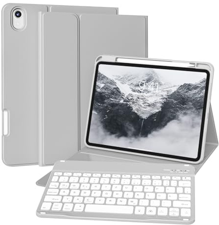 ZKTUYU Hülle mit Tastatur für iPad (A16) 11./10. Generation 2025/2022 | für iPad 11/10 Gen (11/10,9 Zoll) mit Stifthalter, Magnetisch Abnehmbare Tastatur, QWERTZ Layout, Grau