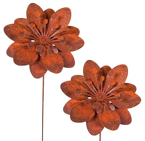 2er-Set Edelrost Gartenstecker Blume – Rostige Metall Deko für Vintage & Landhausstil – Wetterfeste Blumenstecker für Garten & Beet