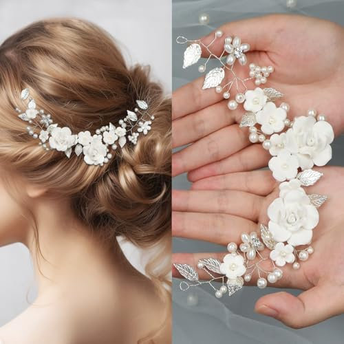 WEXFFU Hochzeit Haarschmuck Braut, 9 Zoll Haarschmuck Blumen mit Blumen Blätter Perlen, Braut Haarspange Hochzeit Silber für Frauen, Mädchen und Blumenmädchen