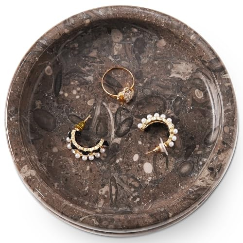Marmor smyckebricka 13 cm handgjord vit stenhållare för ring, halsband, örhänge och parfym organiserare – dekorativ prydnadssak för vintage sminkdekor