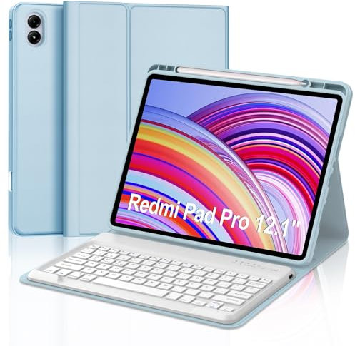 Funda con Teclado para Redmi Pad Pro/Xiaomi Poco Pad 12.1, Teclado Bluetooth Inalámbrico Desmontable con Funda Protectora Delgada para Tablet Xiaomi Redmi Pad Pro/Poco Pad 12.1 Pulgadas, Azul Claro