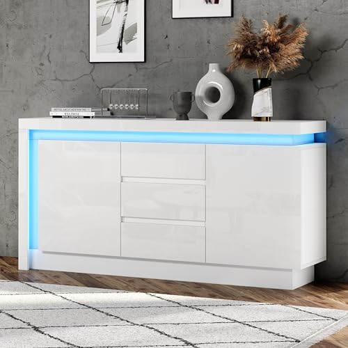 Merax Sideboard Hochglanz Weiß mit LED, Kommode mit 2 Türen und 3 Schubladen, Anrichte Buffetschrank Mehrzweckschrank mit viel Stauraum, Beistellschrank Flurschrank für Wohnzimmer, Esszimmer, 140cm