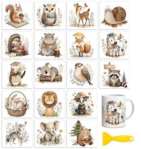 Peacoblue 18 Feuilles Transferts à Frotter DIY Animaux de forêt bohème | Format 10x9 cm, Autocollants Décalcomanies Aquarelle, Pour Décoration Verres,Tasses, Artisanat Créatif et Projets Manuels DIY
