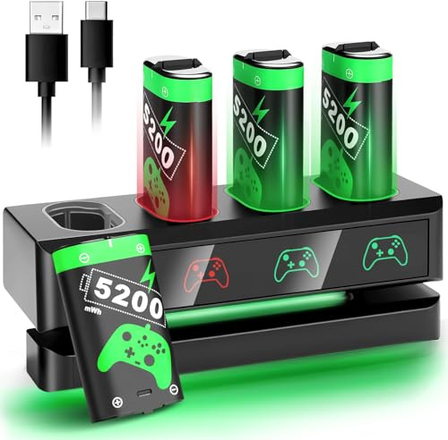 5200mWh High Capacity Charger for Xbox One Controller Battery Pack with 4 x 5200mWh, 25H Playing time Rechargeable Battery Packs for Xbox One/Xbox Series X|S, Xbox One Accessories for Xbox Series X|S