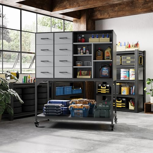 Werkzeugschrank mit 8 Schubladen & 6 Fächern, Rollbarer Toolschrank mit Lochplatte, Stahlrahmen & Melaminoberfläche, Werkzeug-Aufbewahrungsschrank mit Türen & Einlegeböden, 100 × 55 × 121 cm, Grau