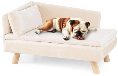 GOPLUS Luxus Katzensofa, Erhöhtes Hundebett mit Rückenlehne, abnehmbarem Kissen & Holzbeinen, Hundesofa für kleine Hunde, Relaxsessel weich, Katzencouch für Hunde & Katzen, Beige, 83,5x54x47 cm