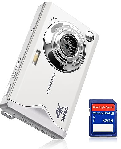 Digitalkamera CCN, 48MP 1080P FHD Fotokamera mit 3,0 Zoll Bildschirm, 16X Digitalzoom Tragbar Kompaktkamera mit 32GB TF-Karte, USB-Kabel, für Teenager Erwachsene Anfänger, Weiß