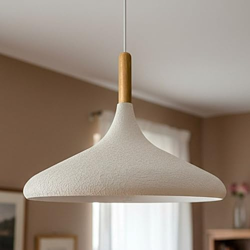 bamyum Champion Pendelleuchte aus Holz, 35 cm Hängelampe Metall E27 Moderne Esstisch Lampe, Skandinavisch Pendellampe für Schlafzimmer Wohnzimmer Küche, Weiß Texturiert