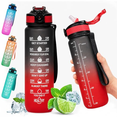 SilverChry Borraccia 1 Litro Sportiva, con Indicatori di Tempo e Cannuccia, Borraccia Fitness a Prova di Perdite, Borraccia Acqua con Maniglia, Adatta per Sport e Attività All'Aperto (Nero-rosso)
