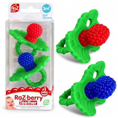 RaZbaby RaZberry Silicone Baby Teether Toy, 2 Pack, Red and Blue | Food-grade silicone, BerryBumps multitextured surface, hands-free design, soothes sore gums, freezable, BPA-free