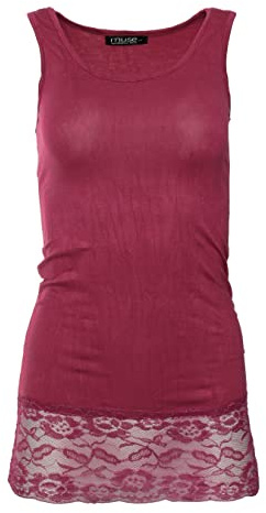 Easy Young Fashion - Damen Trägertop mit Spitzensaum - langes Unterziehshirt Skinny Fit 0518 (Bordeaux M/L)