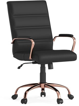 Flash Furniture Sedia girevole in pelle nera con schienale medio, struttura e braccioli in oro rosa