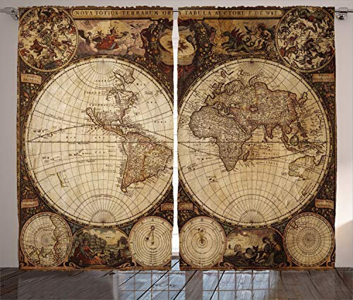 ABAKUHAUS Weltkarte Rustikaler Vorhang, Historische alte Atlas, Wohnzimmer Universalband Gardinen mit Schlaufen und Haken, 280 x 225 cm, Braun Kamel
