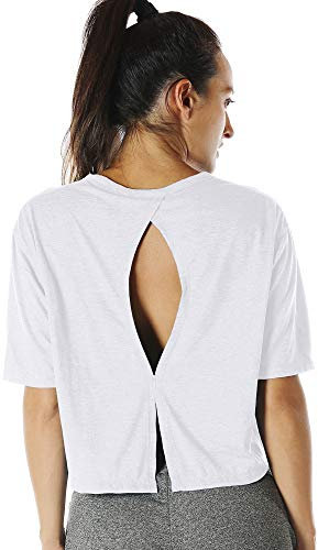 icyzone Sport T-Shirt Damen Fitness Kurzarm Shirt Rückenfrei Yoga Crop Top Oberteile Loose Fit (L, White)