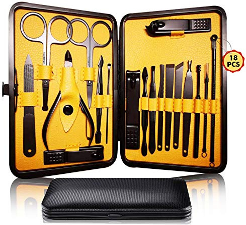Manicure Pedicure Kit Nail Clippers Set 18 in 1 High Precision Stainless Steel Cutter File Sharp Scissors for Men & Women Fingernails & Toenails Vibrissac Scissors with Stylish Case (Yellow_18in1)