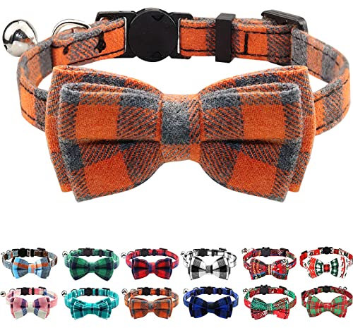 Joytale Cat Collar with Bell and Bow Tie, Soft Tartan, Quick Release Safety Collars for Kitten and Cats, 1 Pack, Orange