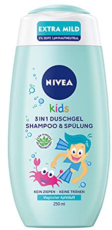 NIVEA KIDS 3in1 Duschgel, Shampoo & Spülung (250 ml), Pflege und Reinigung für Kids mit magischem Apfelduft, extra milde & seifenfreie Haar- und Hautpflege für Kinder