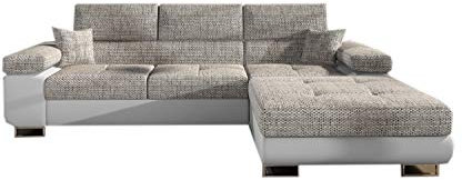 MOEBLO Ecksofa mit Schlaffunktion mit Bettkasten Couch L-Form Polstergarnitur Wohnlandschaft Polstersofa mit Ottomane Couchgranitur - Alvaro (Hellbeige+Weiß (Berlin 01+Soft17), Ecksofa Rechts)