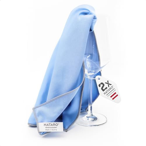 NATARO® 2 Stück Glanzzauber Microfaser Glaspoliertuch – Spiegeltuch – Made in Austria – 100% fusselfreies Poliertuch für Glas, Hochglanzoberflächen, streifenfrei, Mikrofaser, ca.48x68cm