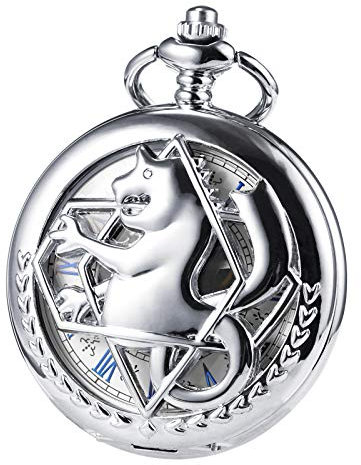 TREEWETO Unisex Taschenuhr Mechanisch Doppelter Abdeckung Fullmetal Alchemist Skelett Steampunk Für Herren Damen mit Kette - Silber