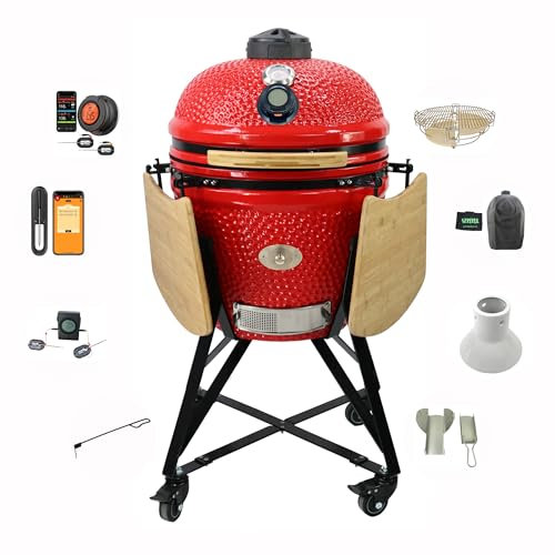 YNNI KAMADO TQTT21RE Large Kamado Bundle, 21 Grill, RED with Chipfeeder, Divide and Conquer, Digital Thermometer, Cover, Ceramic, Egg, Smoker, TQTT21RE