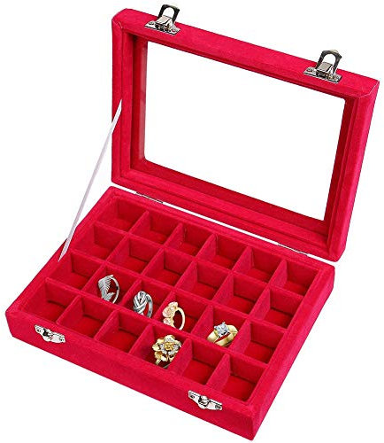 Samt 24 fächer Schmuckkasten,schmucklade Damen Schmuckkästchen mit Glasdeckel,Schmuckständer Aufbewahrungsbox für Ringe Ohrringe(rot)…