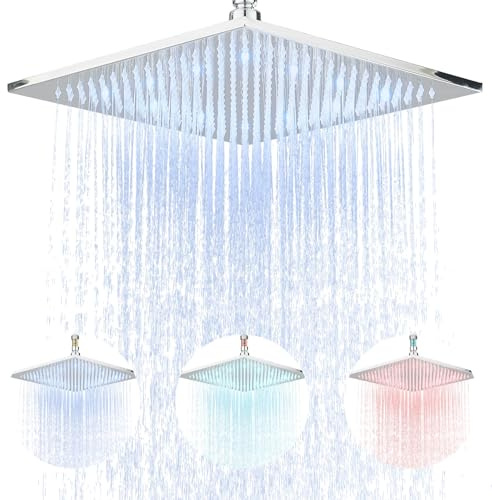 NeierThodore Chrome Shower Head 12 LED Square Shower Head 3 Colors Changing Rainfall High Pressure Bathroom Shower Head