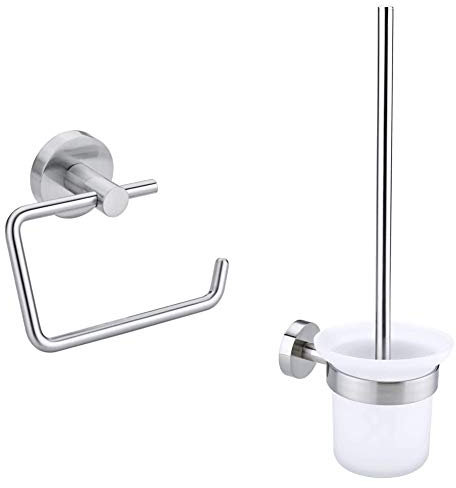tesa® Moon Toilettenpapierhalter ohne Deckel + tesa® Moon WC-Bürste, Edelstahloptik, inkl. Klebelösung, garantiert rostfrei