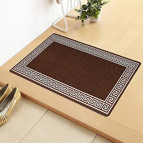 Door Mats Inside Non Slip Super Absorbent Heavy Duty Washable Bath Mat - Jute Back Floor Mats for Kitchen Office Chair Front Doormat Indoor | 40 X 60 cm - Greekey Brown & Cream