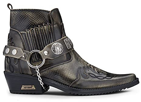 Stivali alla Caviglia da UMO Stile Winklepickers Cowboy Vera Pelle Vintage Tacco Cubano - Verde Oliva-Nero 45 EU