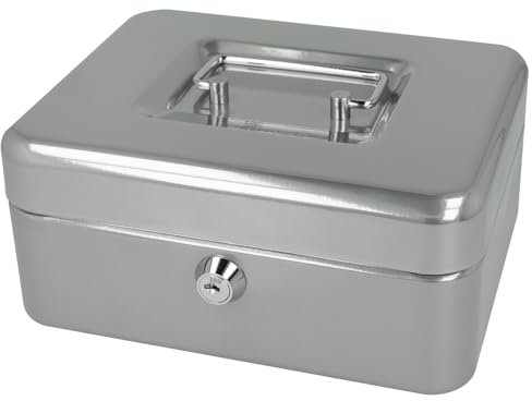 Westcott Cassetta portavalori con serratura (20 cm) argento | Cassetta con serratura in lamiera d'acciaio con 2 chiavi | Inserto rimovibile per monete con 3 scomparti | E-51001 SILVER