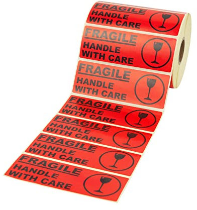 PROLAC – „Fragile Handle with Care“ Warnhinweis Aufkleber (Warnaufkleber) für zerbrechliche Warensendungen – Sticker selbstklebend – Warnetiketten Bruchgefahr – Etiketten Rot