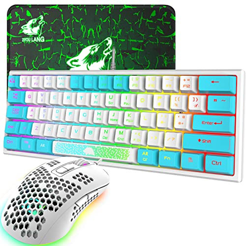 K61 UK-Layout 60 % Gaming-Tastatur-Maus-Set Kabelgebundene 62 Tasten 7 RGB-LED-Hintergrundbeleuchtung 19 Tasten Anti-Ghosting+ 2400 DPI Ultraleichte Gaming-Maus mit Wabenschale+Mauspad-Weiß gemischt