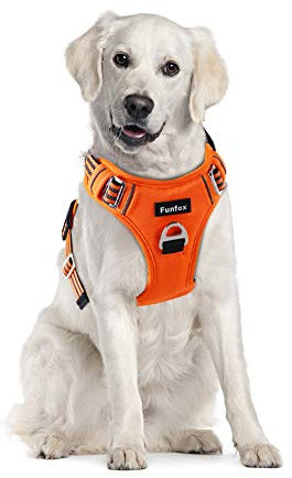 Funfox Hundegeschirr Grosse Hunde [XL] - Verstellbares Anti-Zug Brustgeschirr mit Griff & Reflektorstreifen, Atmungsaktives No Pull Hundegeschirr für Grosse/Mittelgroße Hunde Outdoor Orange
