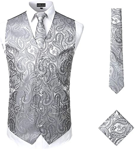 PARKLEES Klassische Herren-Weste, 3-teilig, Paisleymuster, Krawatte, Einstecktuch, Set, Hochzeit, Abschlussball, Party, Weste für Anzug oder Smoking, ZLSV08-Grau, 3XL