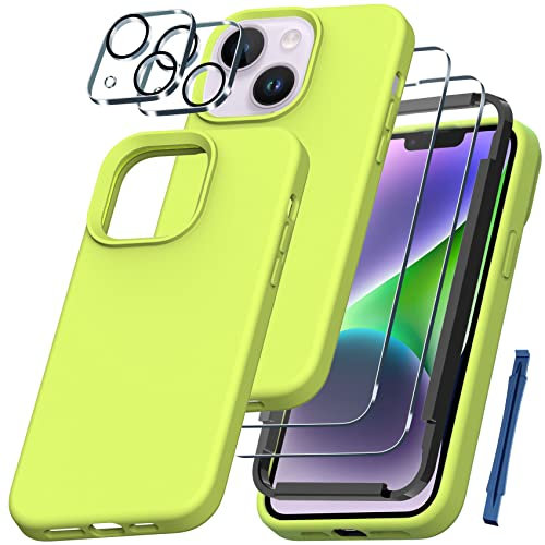 QHOHQ [5 in 1] für iPhone 14 / iPhone 13 Hülle, mit 2 x Displayschutzfolie + 2 x Kameraobjektivschutz, weiches Silikon, militärisch, stoßfest, dünn, 6,1 Zoll, fluoreszierendes Gelb