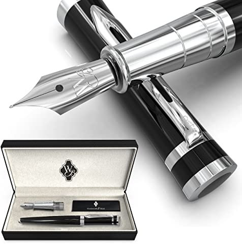 Wordsworth & Black Füllfederhalter-Set, 18 Karat vergoldete mittlere und feine Federn, 6 Tintenpatronen und Nachfüllkonverter, Geschenketui, glatt schreibende Stifte [Schwarzes Chrom]