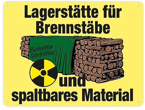Lagerstätte für Brennstäbe - Brennholzlager Metallschild XXL in 28x38 cm in Gelb für Menschen die Holz für den eigenen Ofen lagern und Witze über AKW lustig finden Atomkraftlager