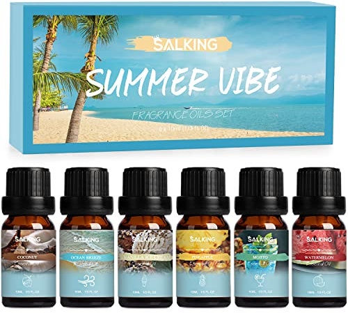 SALKING Oli Essenziali Estate per Diffusori 6x10ml, Set di Olio Essenziale Puri per Aromaterapia - Cocco, Ananas, Anguria, brezza marina, Mojito, Gelato alla vaniglia