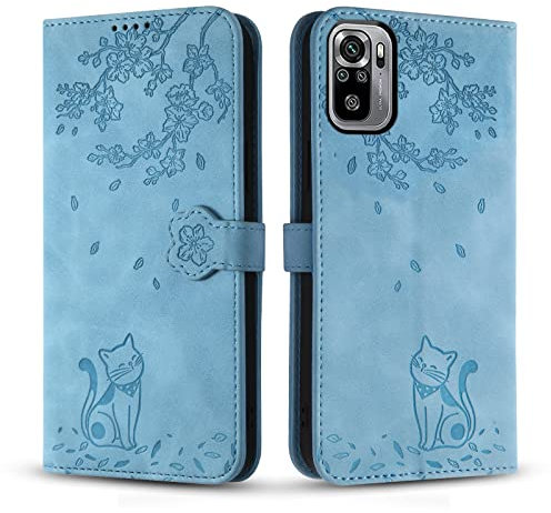 Vaitasy Premium PU Leder Cover mit Magnetic Closure Ständer Schutzhülle für Xiaomi Redmi Note 10 4G/ Note 10S - Blau Katze