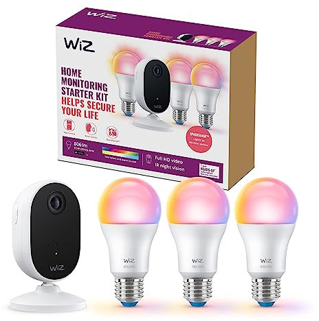 WiZ Starter Kit Security, 3 Lampadine WiFi, Luce Bianca o Colorata Telecamera per Interni, Visione Notturna, Audio Bidirezionale, Notifiche Push