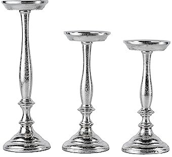 Kerzenständer 3er Set Kerzenhalter Metall Silber Deko - Kerzenleuchter Modern für Stumpenkerzen- Tischdeko Hochzeit - Dekoration Wohnzimmer - H 24, 26 und 33 cm
