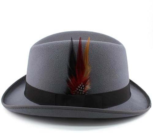 Männer Frauen Wollmischung Klassische Homburg Hüte Federband Fedora Caps Trilby Sonnenhut Jazz Winter Warm Einstellbare Größe ML (Color : Grau, Size : Wool Blend)