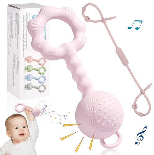 Babyspielzeug 0-6 Monate,Tikplus Montessori Baby Rassel und Beißring, BPA-frei Silikon Greifling Baby Sensorik Feinmotorik Spielzeug, Zahnungshilfe für 3+ Monate Junge, Mädchen (Rosa)