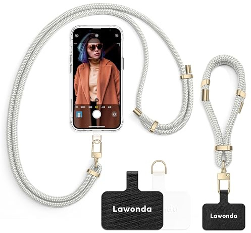 Lawonda Universal Mobile Phone Strap, Mobile Phone Lanyard with 2 Universal Patches, Mobile Phone Strap with Case, Adjustable and Removable Smartphone Chain for On the Go (Silver White)